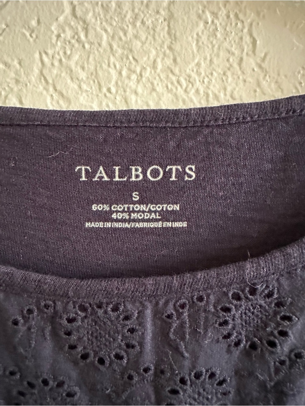 Talbots Women’s Navy Eyelet‎ Trim Short Sleeve Tee Top Cotton Modal Size Small - Picture 3 of 8